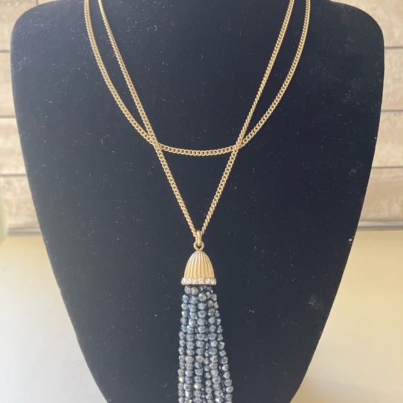 JCrew Gold Tone and Blue Beaded Tassel Necklace - Picture 2 of 5